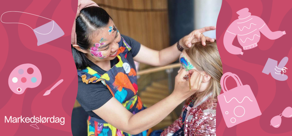 Markedslørdag med ansiktsmaling, med logo og designelementer som illustrerer pensel, malebrett, genser, veske, bukse, sko og liknende