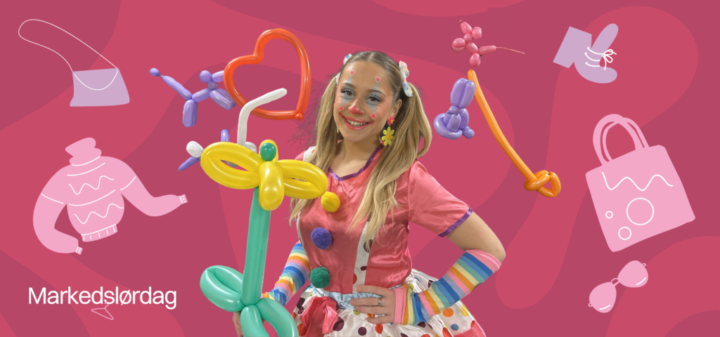 Markedslørdag med ballonklovnen Pinky, med logo og designelementer som illustrerer genser, veske, bukse, sko og liknende