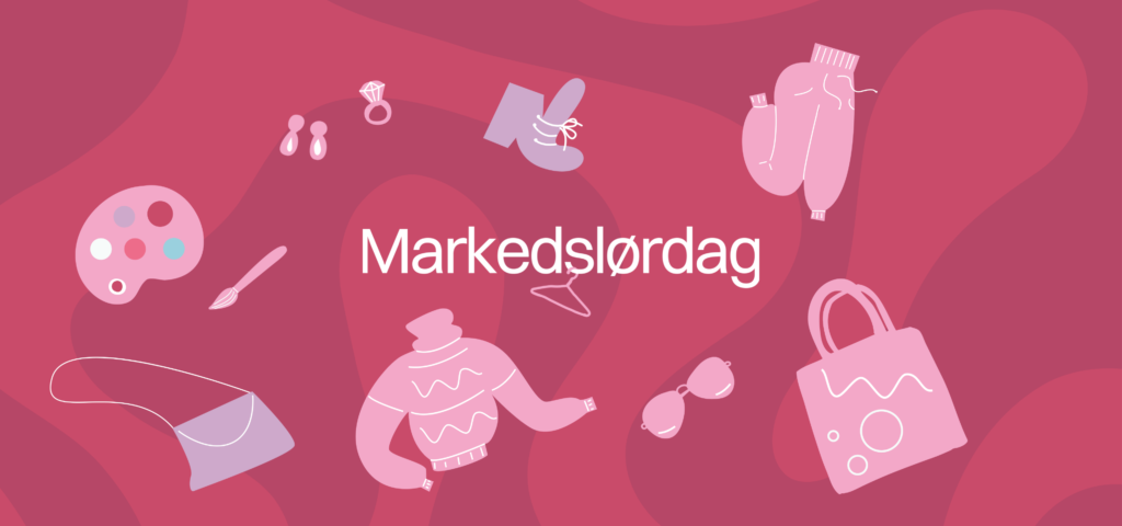 Markedslørdag logo og designelementer som illustrerer genser, veske, bukse, sko og liknende